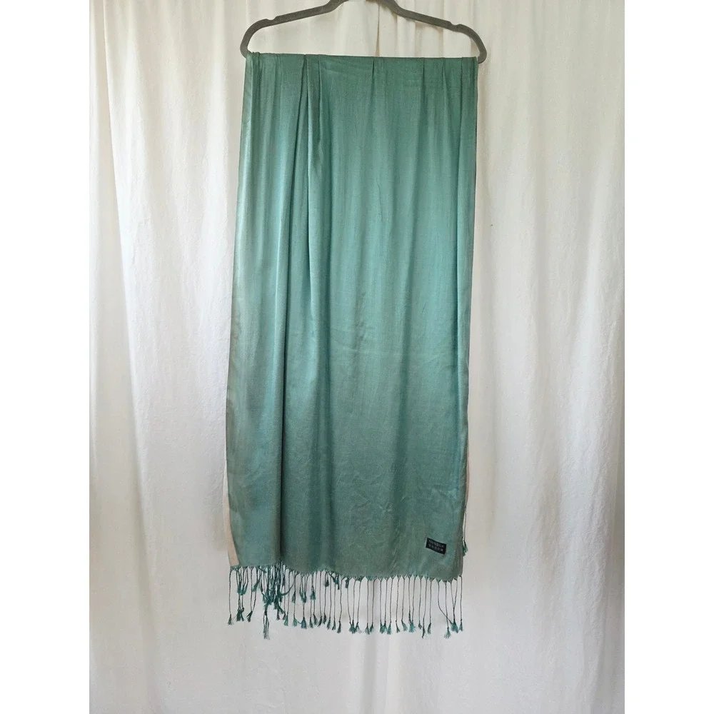 100% Silk Scarf Teal ecru Reversible Fringe Wrap Shawl 27x86